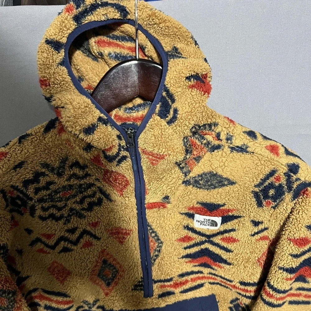 The North Face Jacket Mens XL Yellow Fleece Hooded 1/4 Zip Aztec Print Anorak